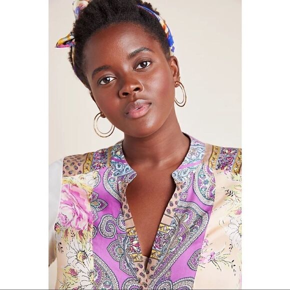 NEW Anthropologie Tiny Zadie Floral Blooms Spliced V-Neck Top Blouse X-Small - Picture 4 of 4